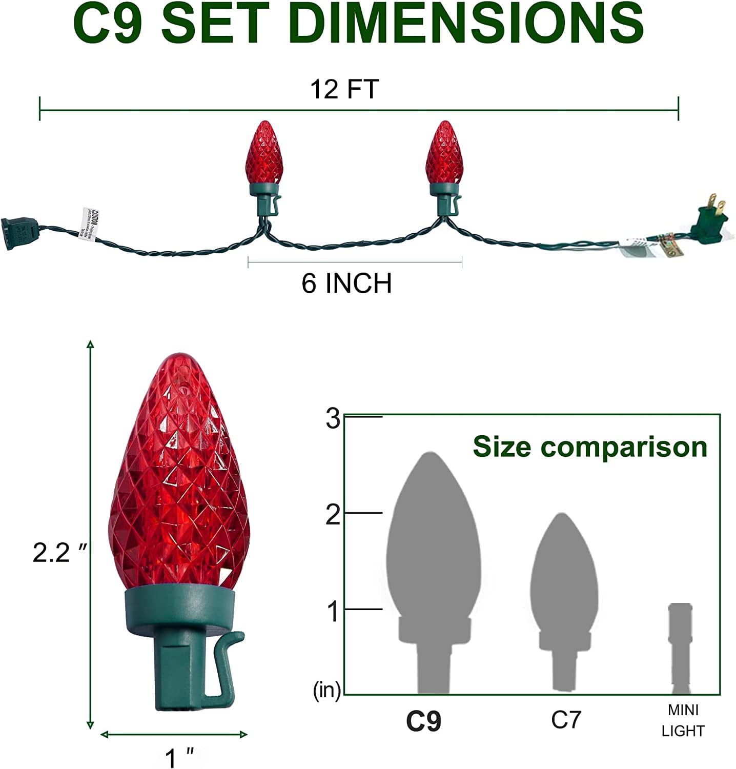 Twinkle Star C9 Christmas Lights, 12 FT 25 Lights Faceted Strawberry String Lights Indoor Outdoor Decor, 120V UL Certified Connectable Tree Light Strand for Thanksgiving Day Holiday Party, Red