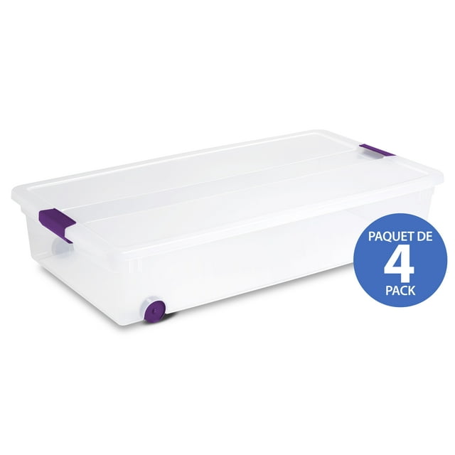 Sterilite 57 Liter ClearView™ Wheeled Latch Box, Clear Plastic Storage Bin with Lid, Purple Latch, 4 Pk