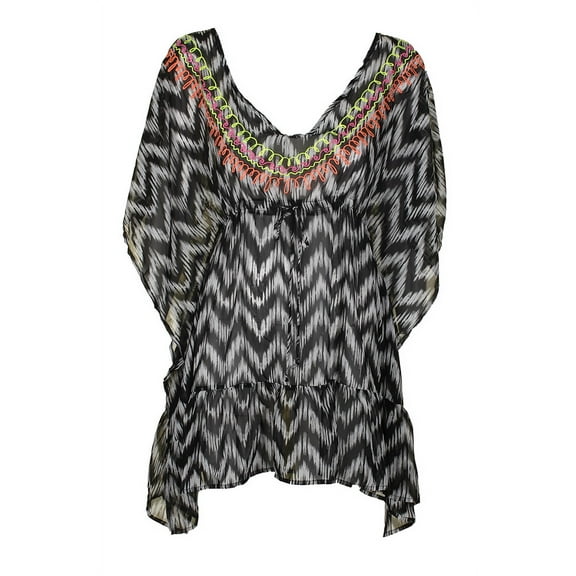 Miken Womens Embroidered Ruffle Tunic Dress Swim Cover-Up (L, Black/White)