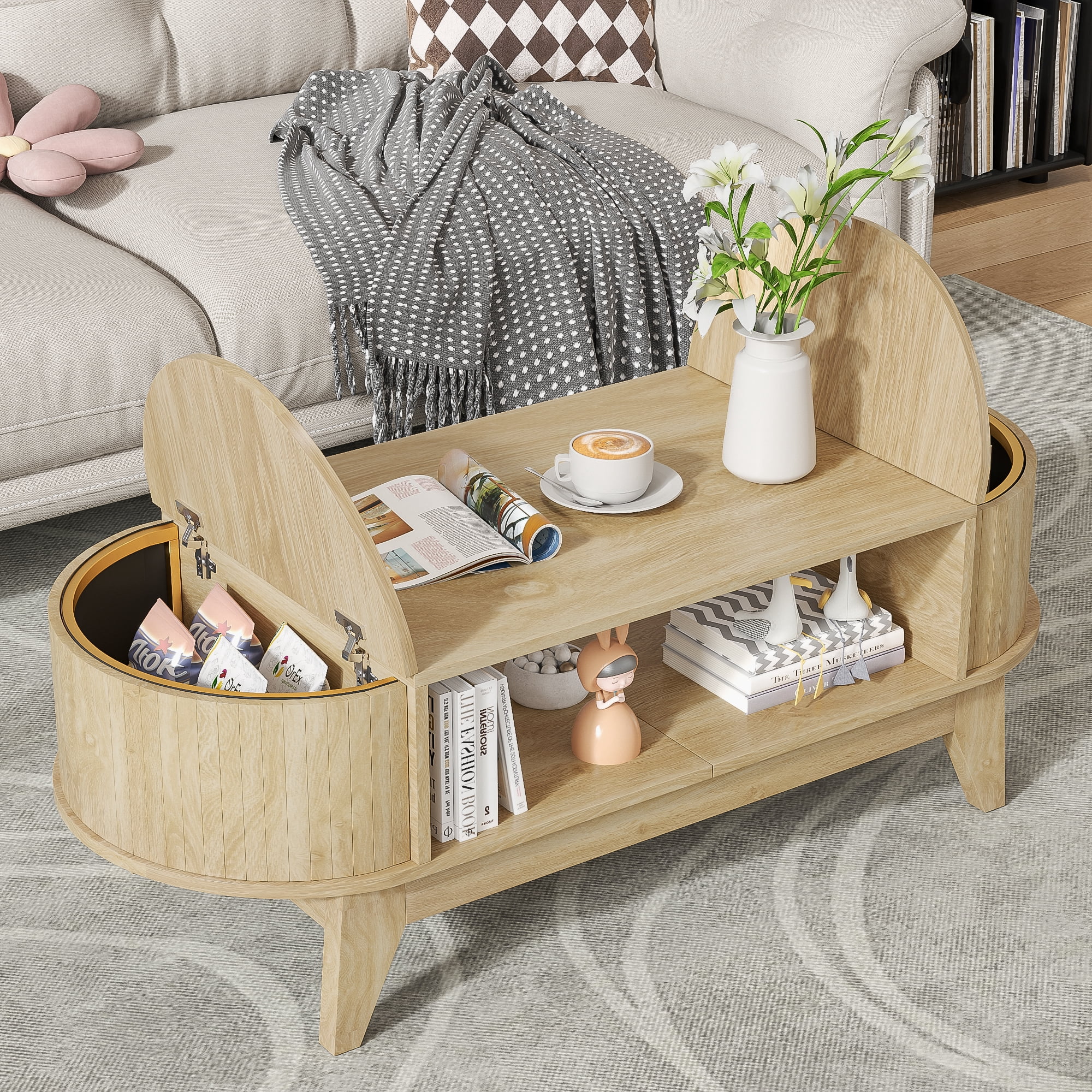 Fluted Coffee Table with Storage, Modern Coffee Tables, Wood Accent Center Table, Natural