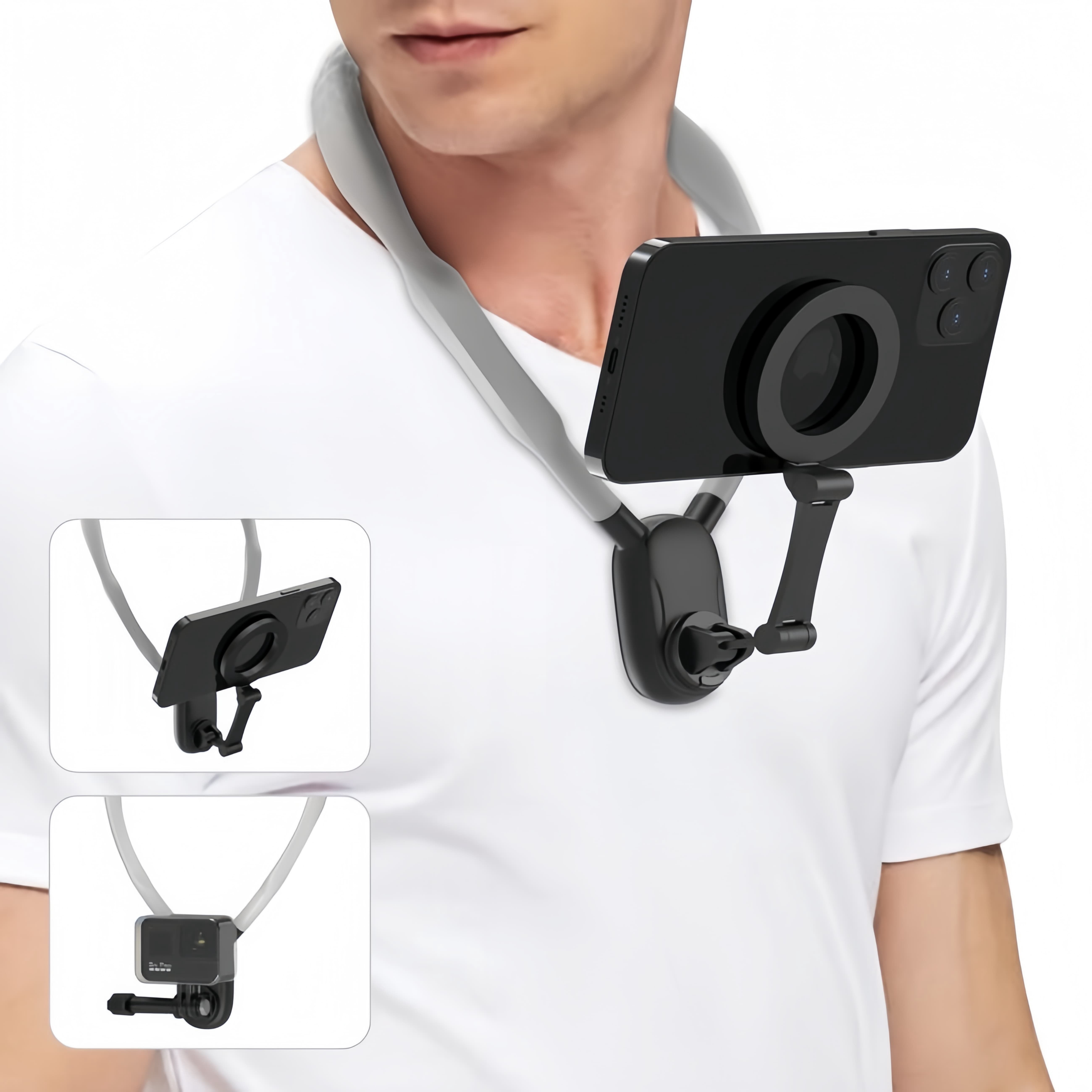 Magnetic Phone Neck Mount Holder for POV Vlogging - Quick Release Hands-Free Video Lanyard for iPhone 15 14 13 12 & Android - Includes Anti-Shake Strap & Safety Rope (MagSafe Compatible Kit)