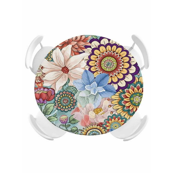 Round Tablecloth Multicolor Boho Floral Elastic Edge Fitted Vintage Watercolor Flowers Plastic Table Cover,Waterproof Oil Proof for Dinner,Outdoor, Picnic, 55"- 60" DIA Tables