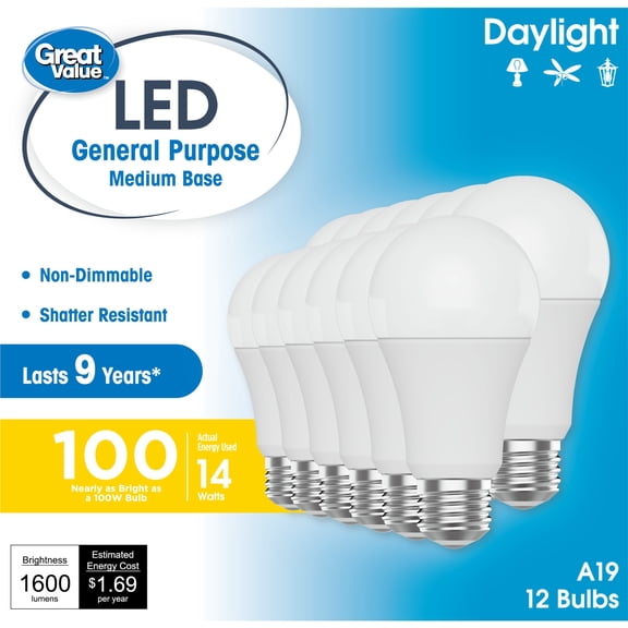 Great Value A19 LED Light Bulbs, 100 Watts Eqv, Daylight, General Purpose, 9yr, Medium Base, 12 pack