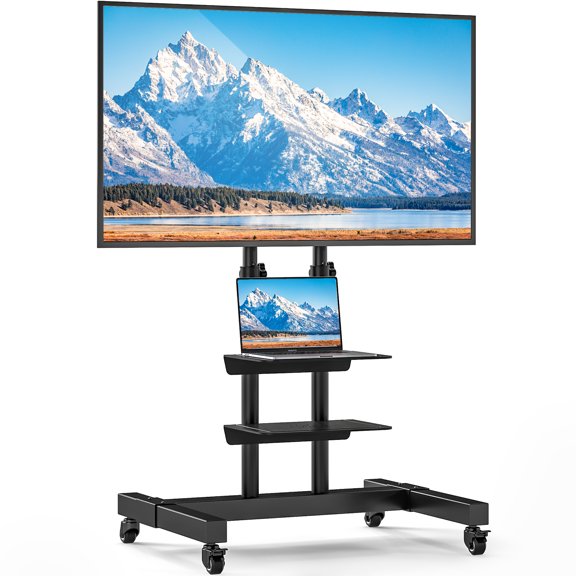 RTVR Modern Black Mobile Rolling TV Cart Stand with Wheels for 32 to 83 inch TVs, Max VESA 600x400mm, 2 Storage Shelves