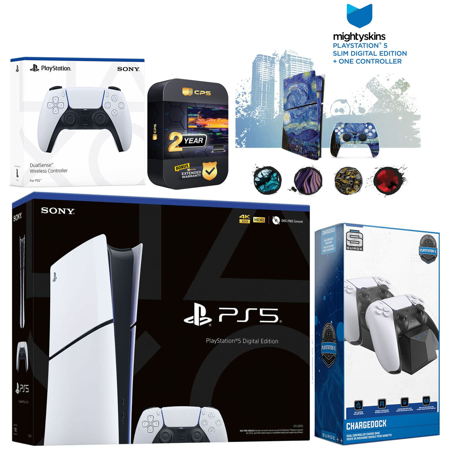 Sony Playstation 5 Slim Digital with Extra White Controller, Dual Charging Dock and MightySkins Decal Voucher Plus 2 Year CPS Extended Warranty