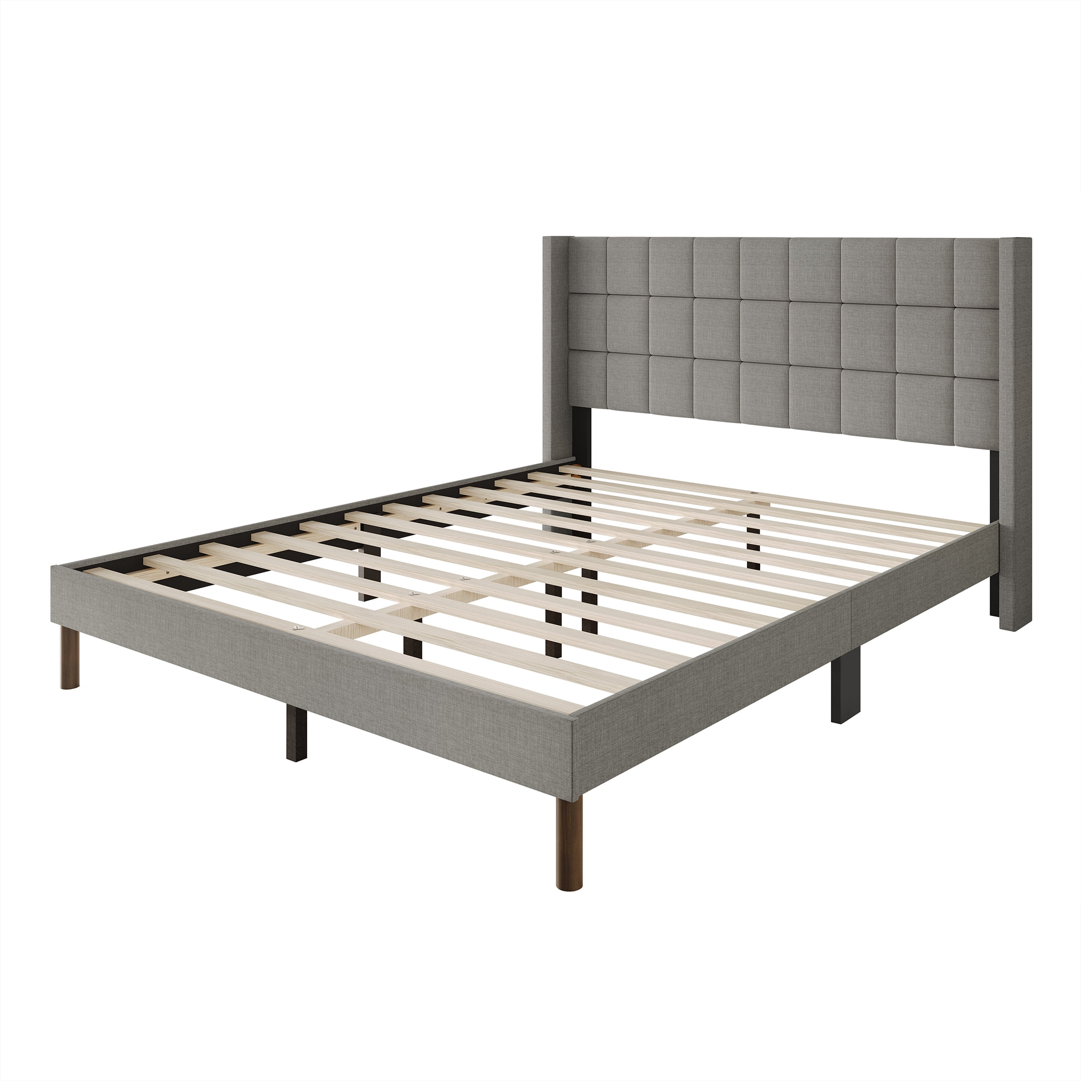 Castle Place Square Grid Stitched Linen Wingback Queen Platform Bed, Light Grey