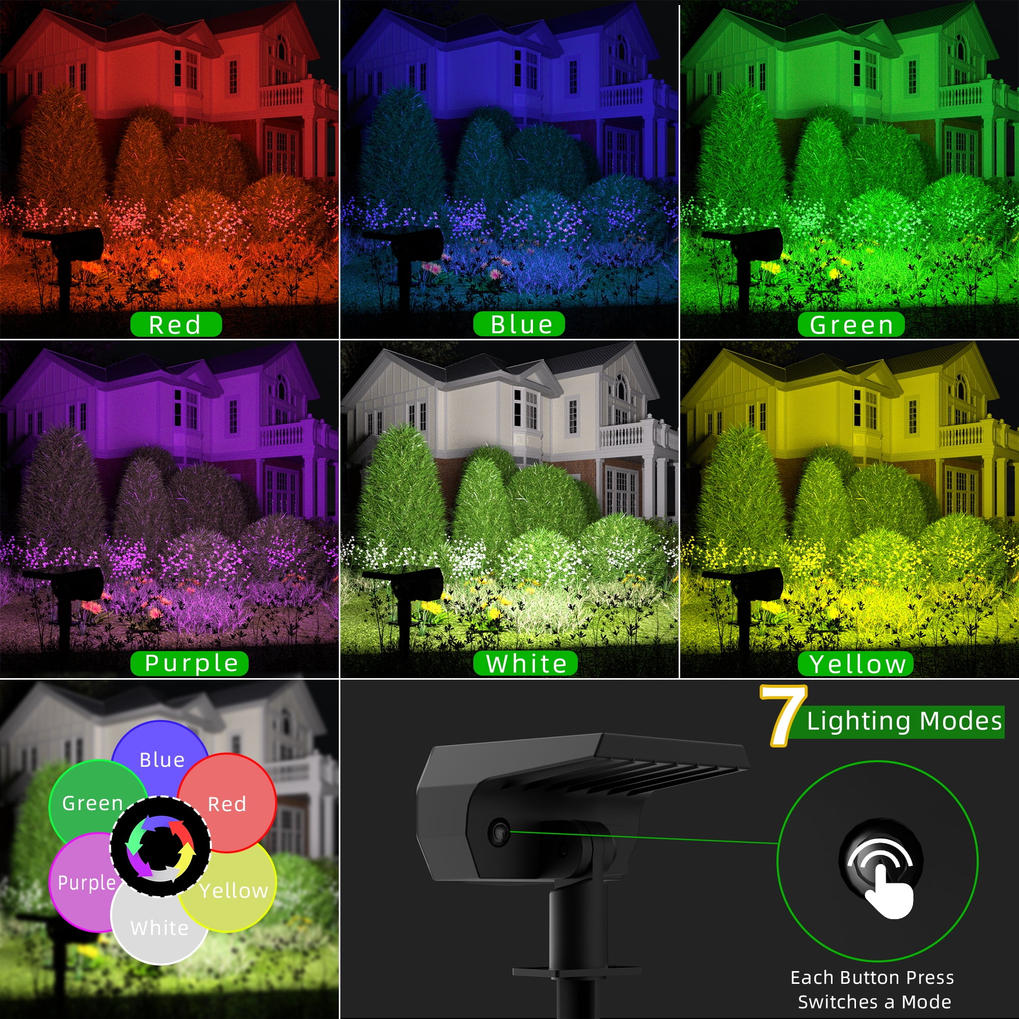 DAYBETTER Outdoor Solar Lights, 7 Modes/6 Color Changing Multicolor Spotlights for Yard Garden Decor