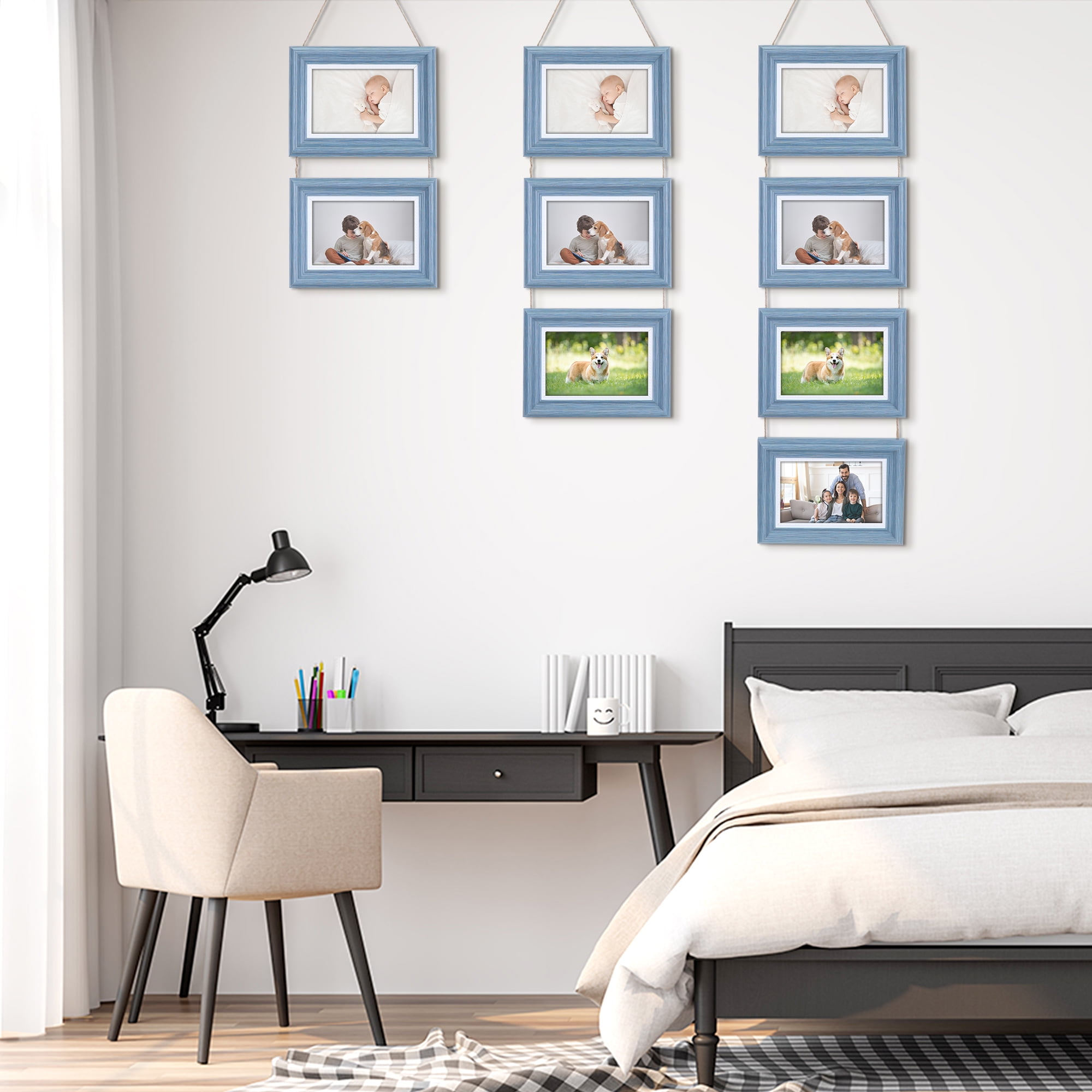 Unique Bargains Picture Frames with Rope for Wall Decor Blue Three Horizontal 4x6