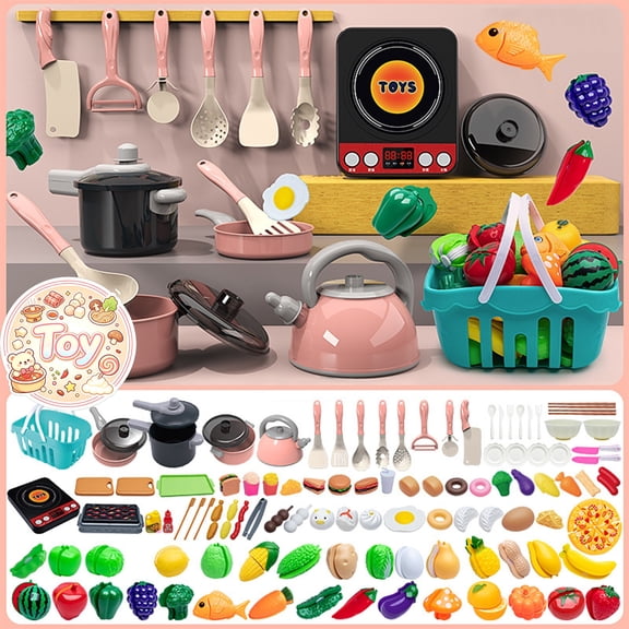 Kitchen Cookware Pretend Playset with Induction Cooktop, Cuttable Fruits Vegetables, Cooking Pretend Play Toys, Role Play Kit, Christmas Birthday Gifts, Toys for Age 3 Toddler Baby Kids Boys Girls