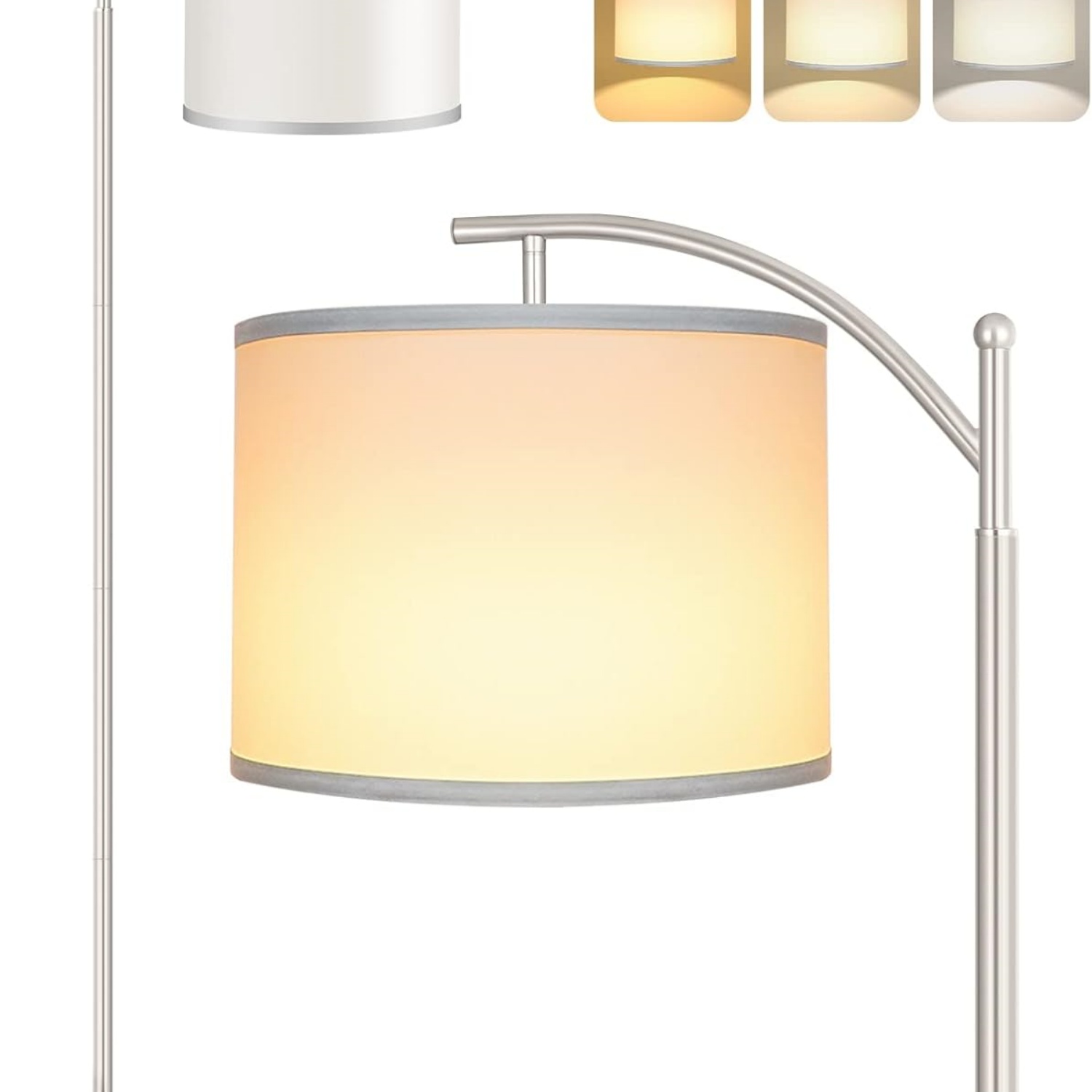 Floor Lamp for Living Room with 3 Color Temperatures LED Bulb, Standing Lamp Tall Floor Lamp Reading for Bedroom, Office (9W LED Bulb, White Lampshade Included) -Silver