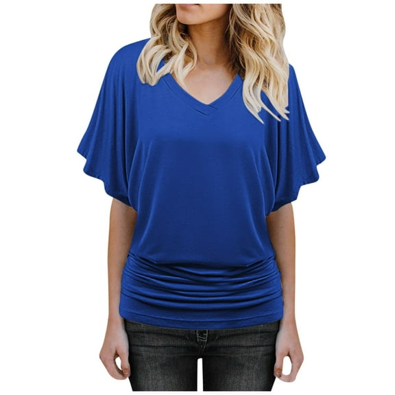 Mohiass Batwing Short Sleeve Dolman Tops for Women Plus Size Banded Bottom Fold Hem Top Casual Loose Flowy T Shirts Blue XL