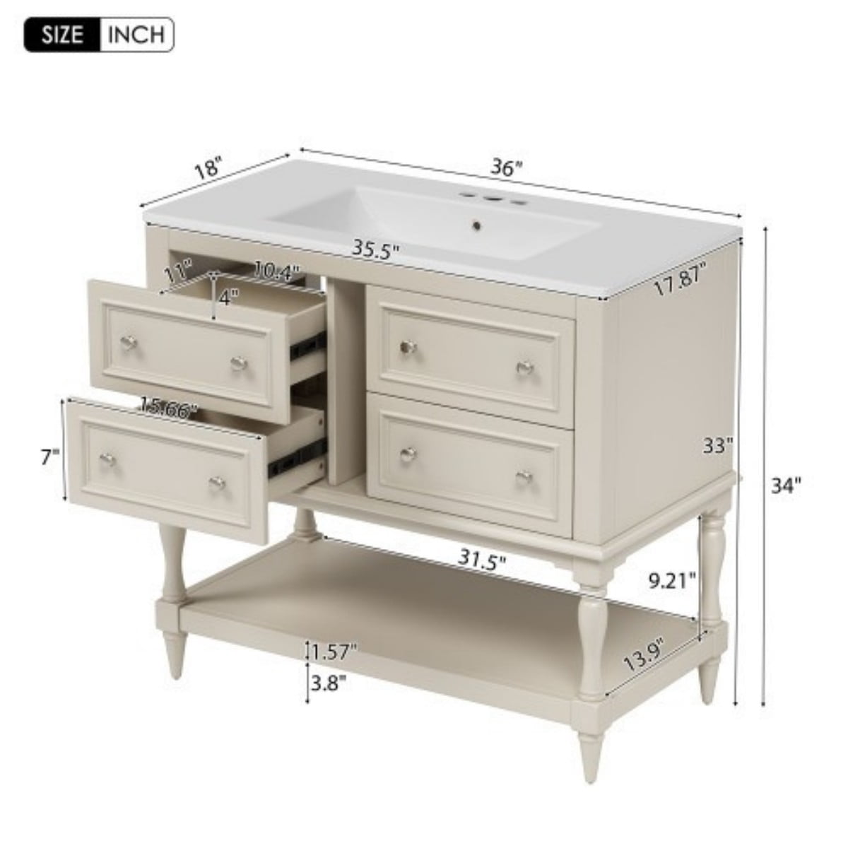 36" Bathroom Vanity with Sink, Freestanding Bathroom Vanity Cabinet with Undermount Ceramic Sink, Solid Wood Frame, 4 Drawers, Large Storage Shelf, Beige