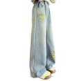thumbnail image 4 of Generic Tween Girls Jeans Wide Leg Baggy Loose Denim Pants Heart Embroidery Y2K Elastic Waist Trousers Kids Streetwear Dance Washed, 4 of 5