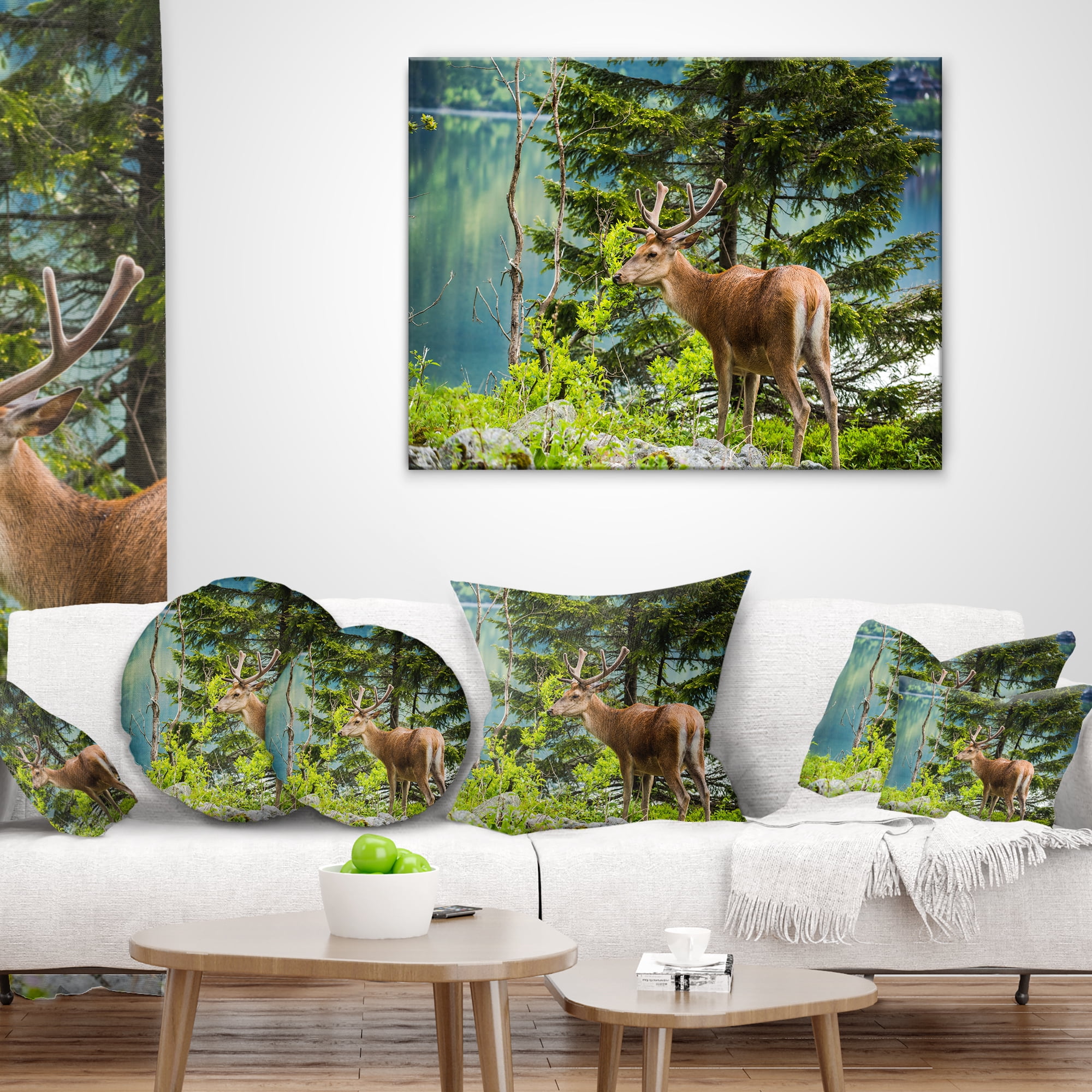 Designart Deer Stag near the Lake - Animal Throw Pillow - 12x20