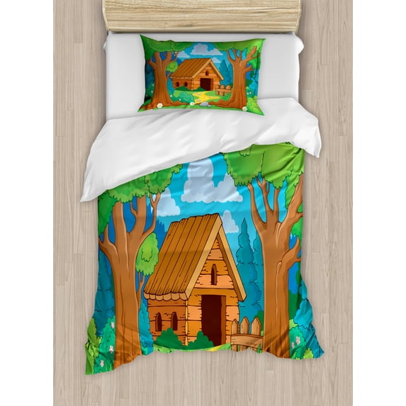 Log Cabin Duvet Cover Set Twin Size, Countryside Theme Cartoon Image of a Wooden Shed in a Forest During Spring Season, Decorative 2 Piece Bedding Set with 1 Pillow Sham, Multicolor, by Ambesonne