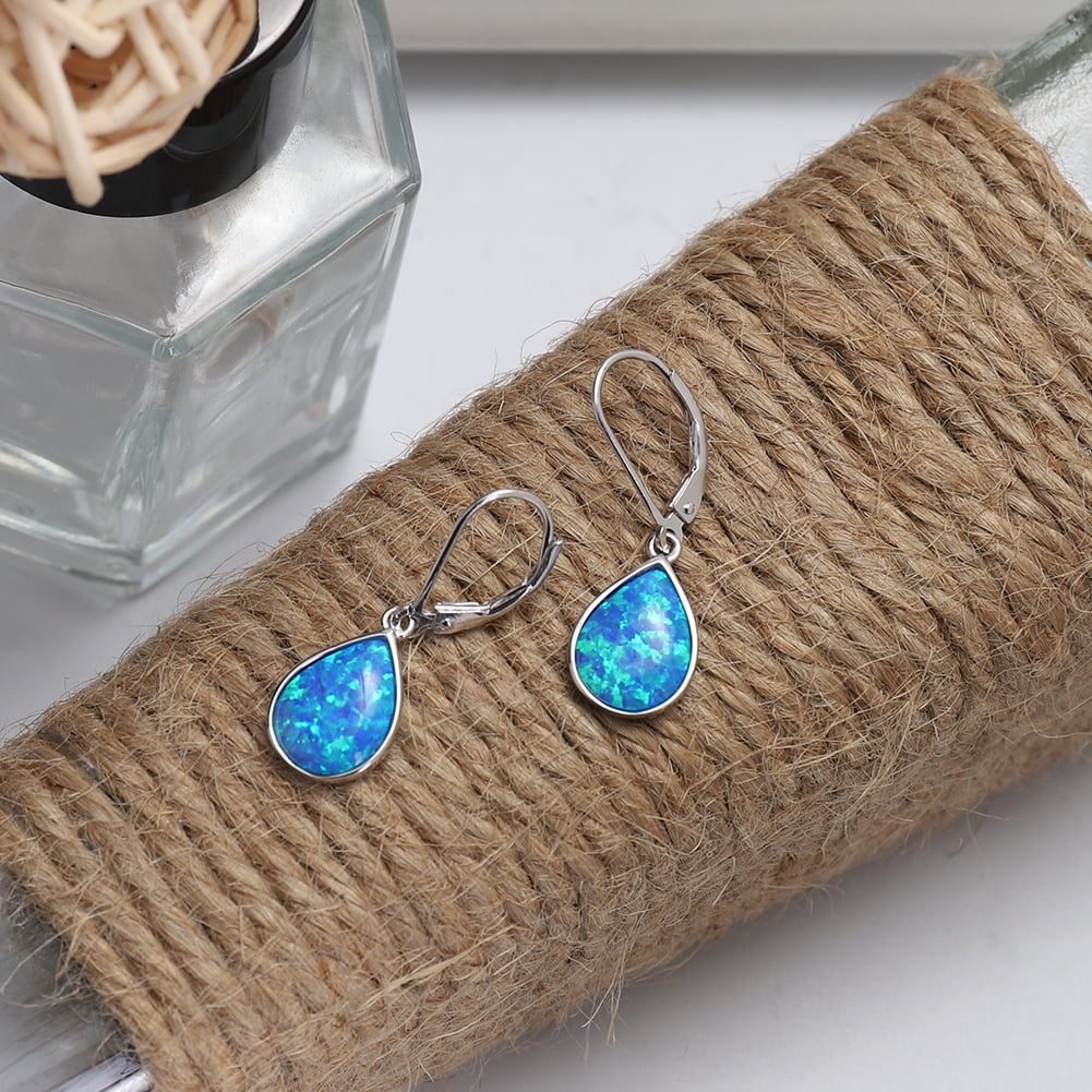 Gemschest Sterling Silver Blue Teardrop Created Opal Dangle Earrings for Women