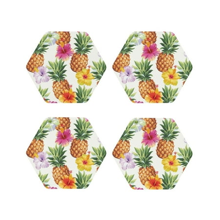 

Leather Coasters Set of 4 - Hawaiian Pineapples Lightweight Non-Slip Drink Coasters for Desk Anti-Scalding Desk Cup Coasters for Office Table Decor Hexagon