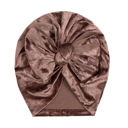 Xfvqtps Infant Turban Hat Bowknot Velvet Cute Kawaii Solid Color Stretch Comfortable Warm Windproof Coldproof Fall Soft Skull Cap Coffee