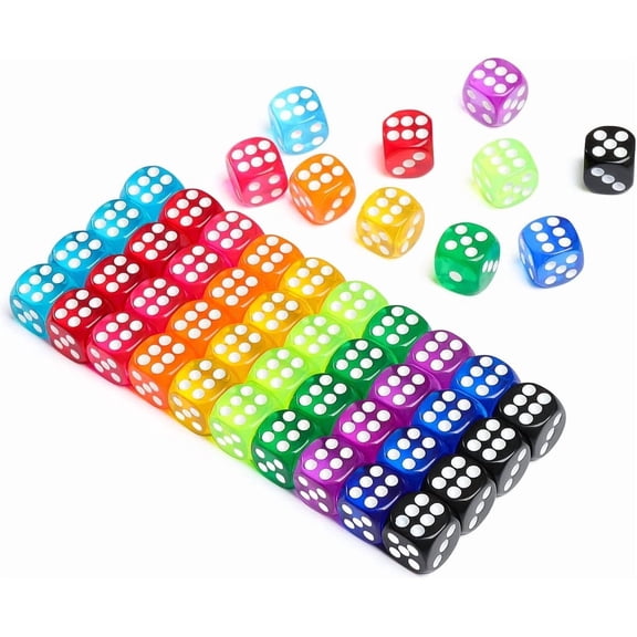 50 Pieces Colored 6 Sided 14mm Dice with White Color Pips for Board Games, Teaching, Learning, Rolling, Group Event, 10