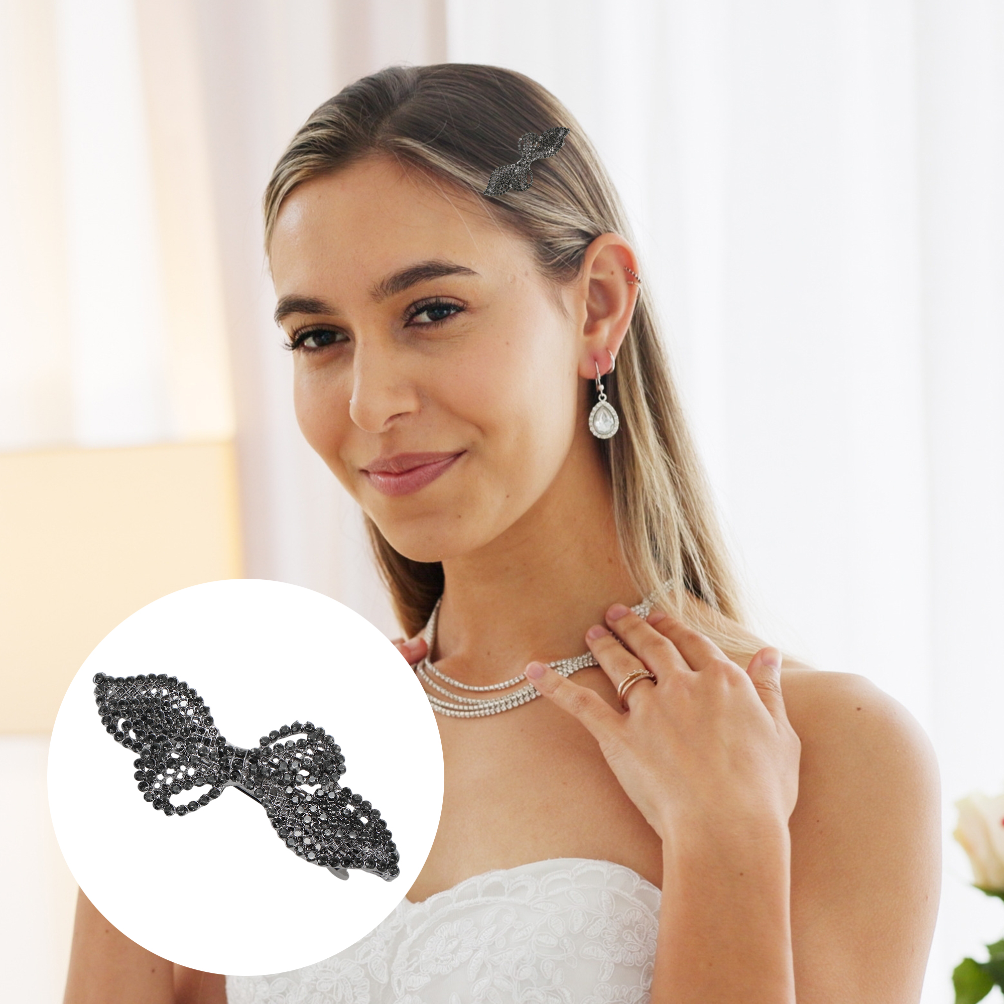 Unique Bargains Rhinestone Hair Barrettes Hairstyles Occasions Gray Black
