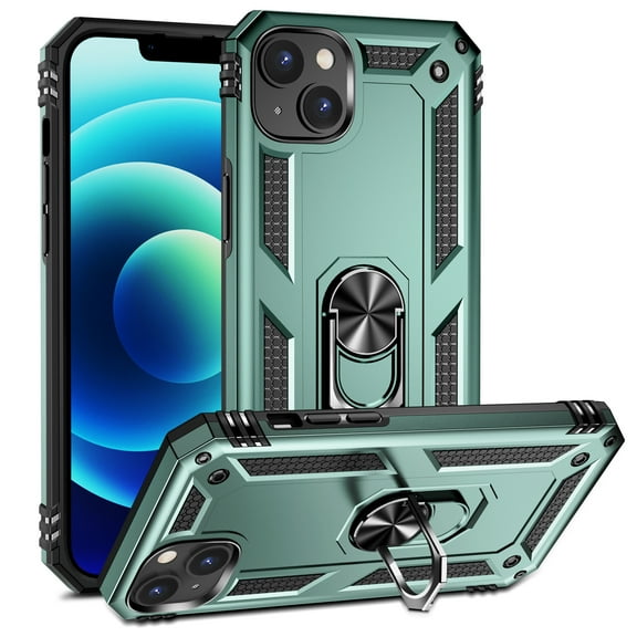 Allytech Rugged Case for iPhone 15 Plus, Military Grade Protection Shockproof Non-Slip Cover with Metal Rotatable Ring Stand, Magnetic Car Mount Holder Fashion Case for iPhone 15 Plus - Darkgreen