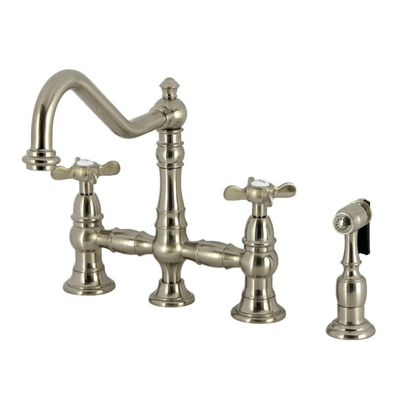 Kingston Brass KS3278BEXBS Essex Two-Handle 4-Hole Deck Mount Bridge Kitchen Faucet with Brass Side Sprayer in Brushed Nickel