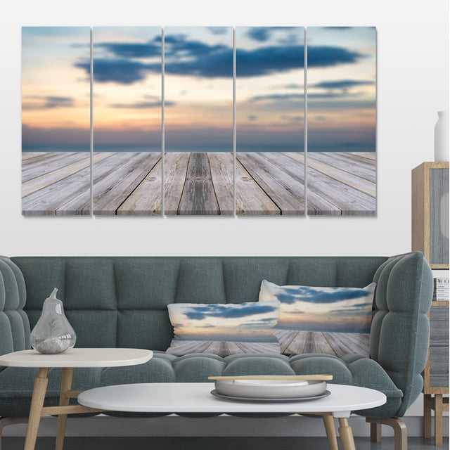 Wooden Board at Sunset Seashore - Modern Canvas Art Print