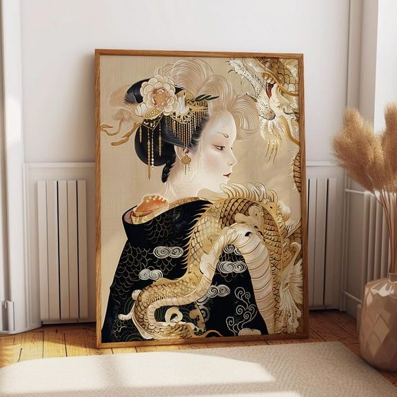 Golden Dragon Geisha Print - Japanese Kimono Wall Art Poster - Gold And Black Asian Artwork Wall Art, Modern Wall Decor, 8x12 UNFRAMED
