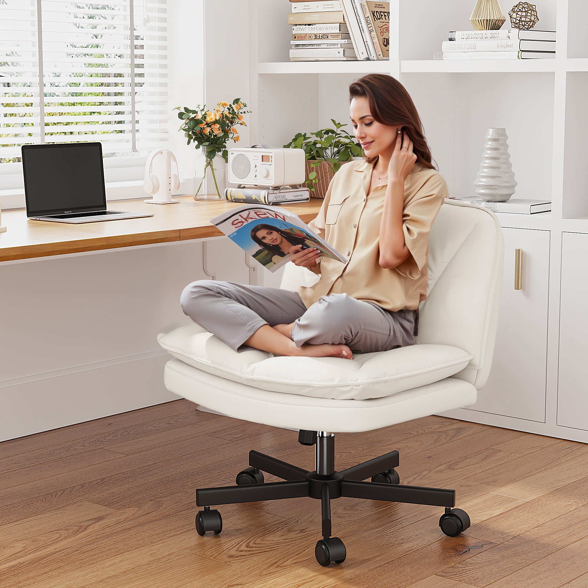 EnHomee 27" W Chair Criss Cross Legged Office Chair Armless Adjustable Desk Chair with Wheels, Wide Seat, and 2-Layer Cushions, Beige