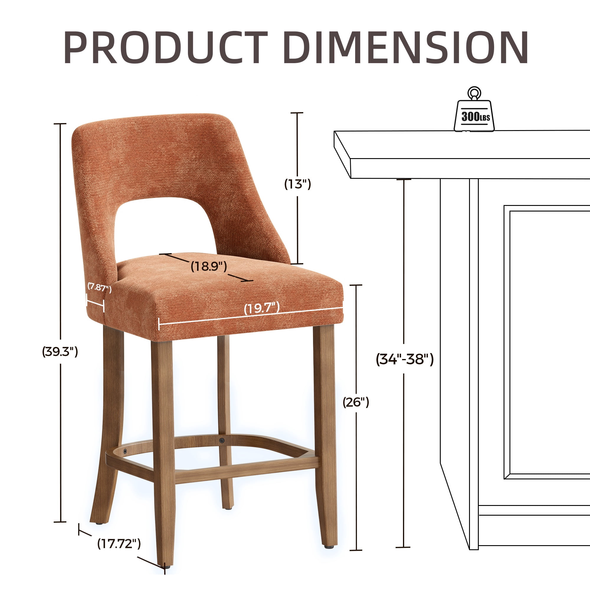 PORKISS 26" Bar Stools Set of 2, Upholstered Kitchen Island Stools with Hollow Back, Mid-Century Counter Stools with Wood Legs Footrest, Orange