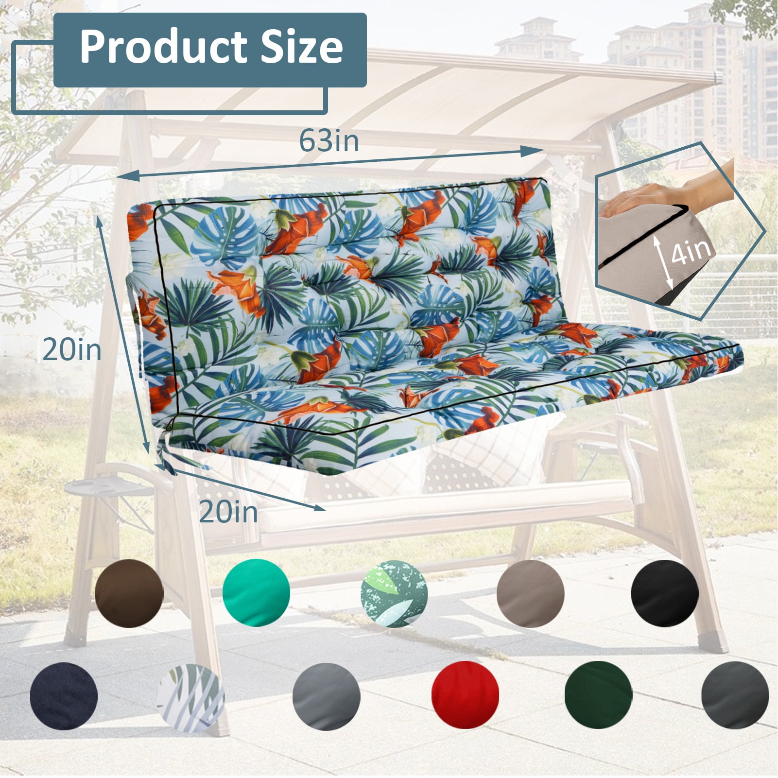 Porch Swing Cushion Thicken 4", 63" Swing Cushions 2-3 Seater Replacement, Waterproof Bench Cushions with Backrest, Anti-Fading Patio Swing Chair Pads for Outdoor Garden Furniture