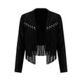 thumbnail image 4 of Ndbuld Women Light Jacket Women V Open Front Long Sleeve Studded Fringe Tassel Cropped Solid Casual Western Jacket Outerwear,Black,XXL, 4 of 7