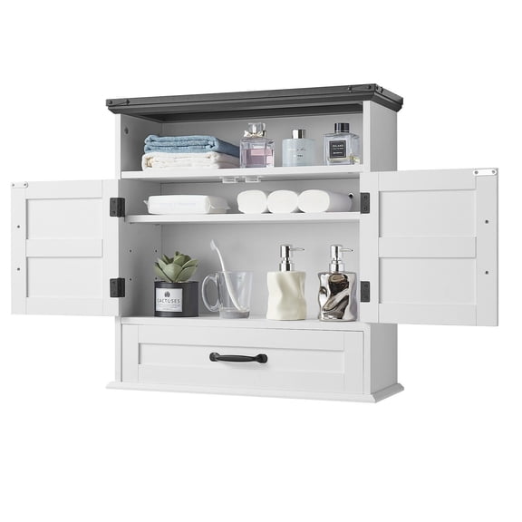 White Over-The-Toilet Bathroom Storage Cabinet with 2 Doors, Adjustable Shelf, Drawer & Open Compartment - Wall-Mounted Medicine & Organizer Cabinet for Laundry Room, Kitchen, Restroom