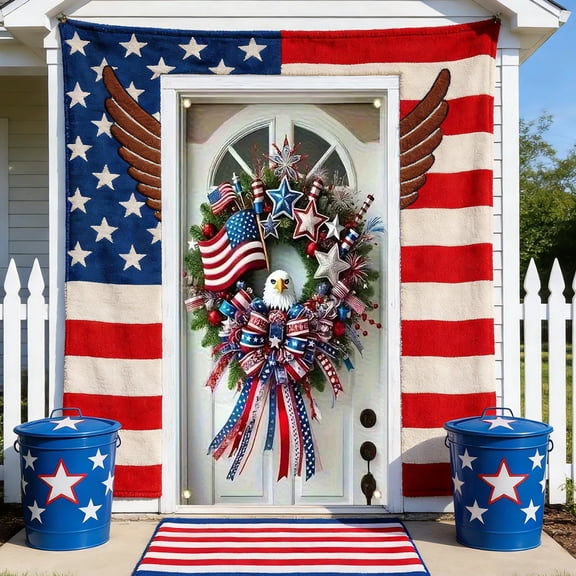 QuanTara Independence Day Door Decor, Patriotic Door Cover 70.87x35.43in with Rope for Easy Hanging, Fourth of July Porch Backdrop, Festive Party Decoration, Nylon Spandex Fabric