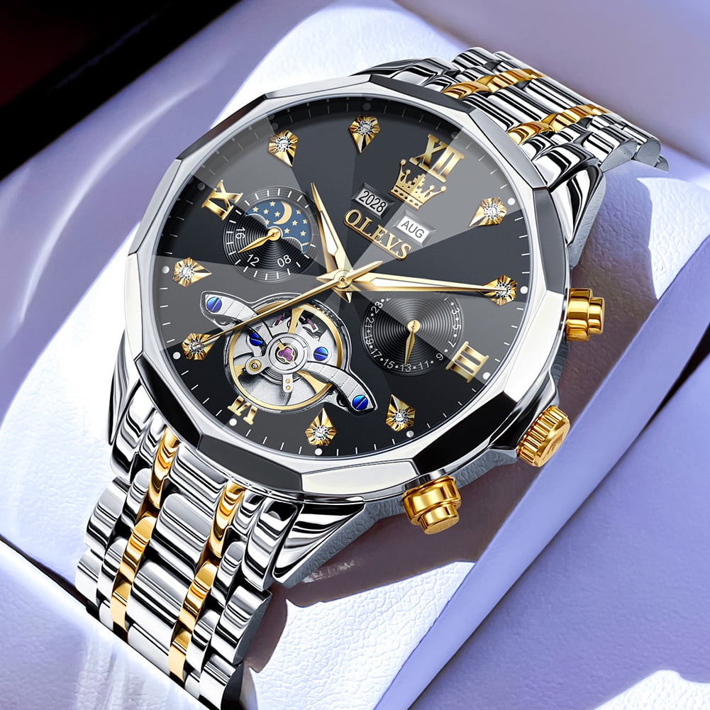 OLEVS Automatic Watches for Men Luxury Dress Waterproof Self Winding Mechanical Moon Phase Chronograph Stainless Steel Luminous Diamond Date Skeleton Tourbillon Wristwatch for Men Reloj Para Hombre