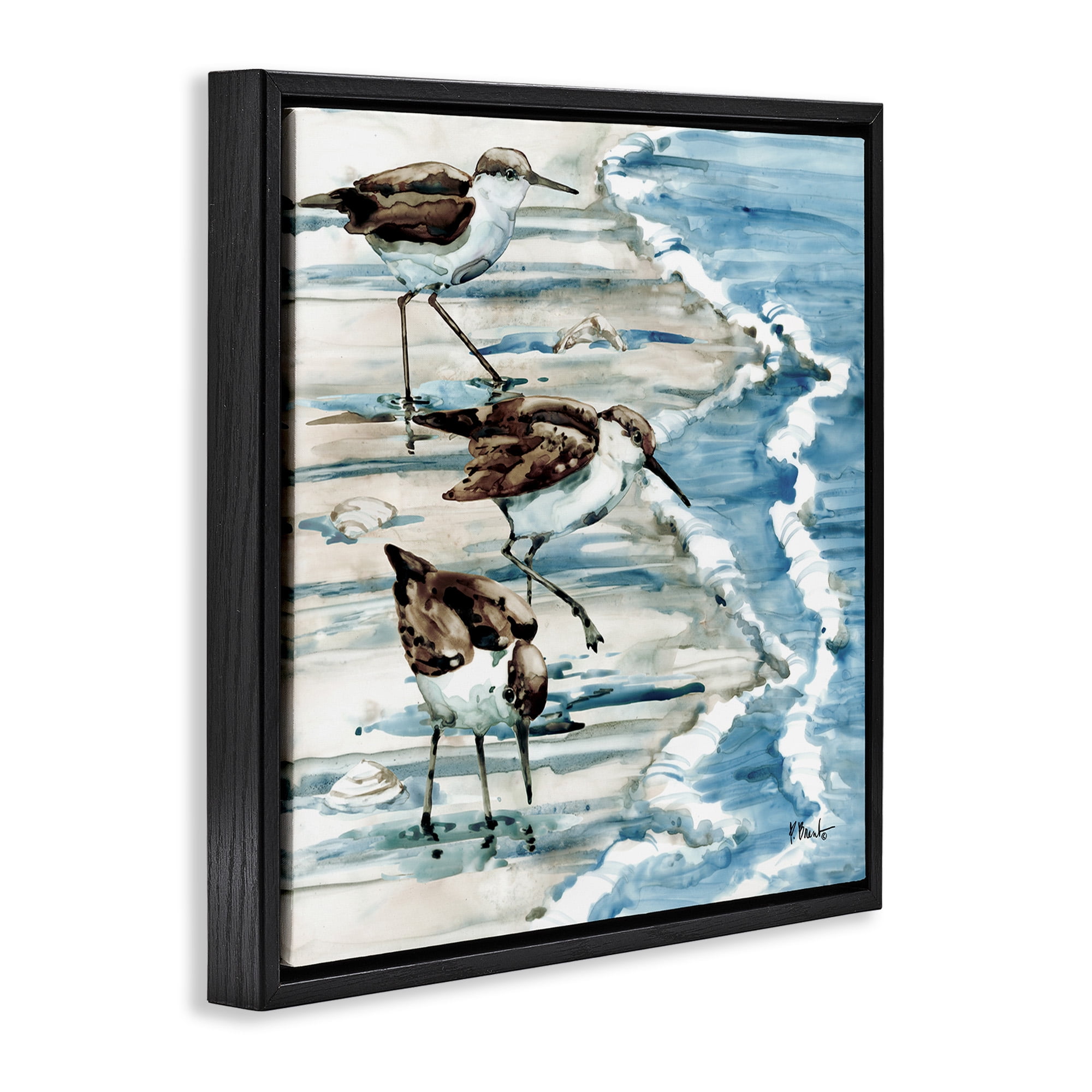 Stupell Industries Rockhampton Sandpipers Beach Ripples Animals & Insects Painting Black Floater Framed Canvas Art Print Wall Art, 18 x 18