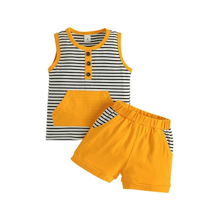

B91xZ Baby Boys Clothing Sets Toddler Boys Sleeveless Patchwork Color Stripes T Shirt Tops Shorts Kids Gentleman Outfits Yellow Size 3-4 Years