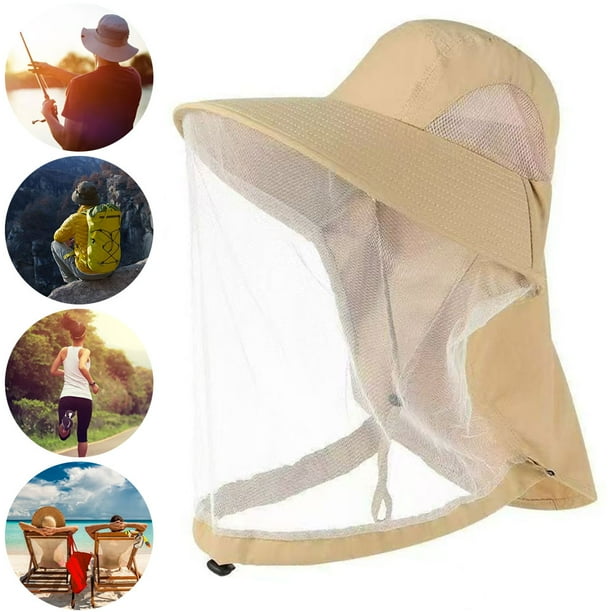 Mosquito Head Net Hat Mesh Gat Pesca para Hombres Mujeres (caqui)