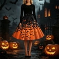 thumbnail image 3 of Women's Vintage Halloween Bat Print Swing Dress Long Sleeve 1950s Retro A-Line Midi Dresses with Satin Sash Belt for Gothic Cosplay Evening Prom Party, 3 of 6