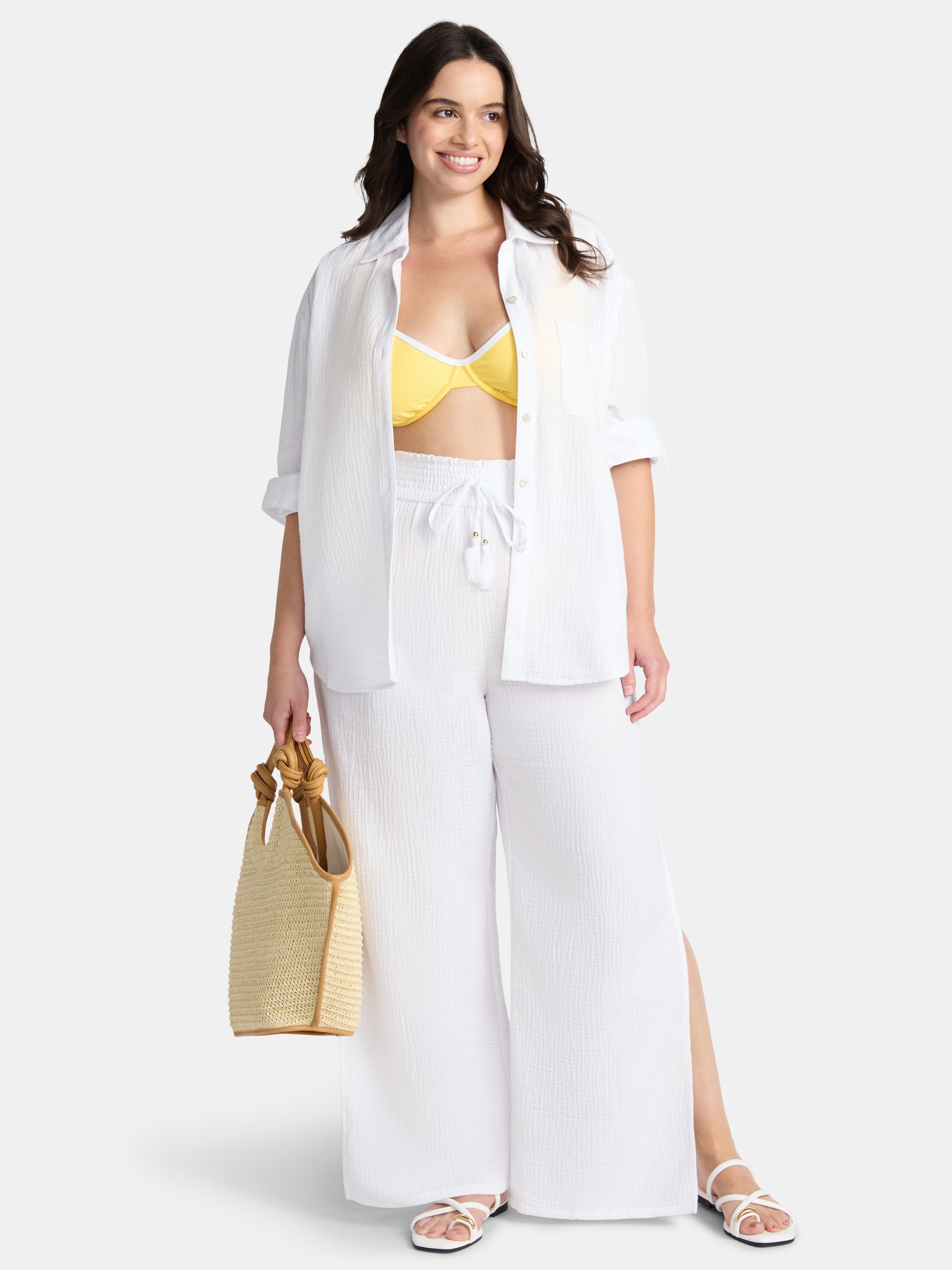 Time and Tru Women's and Women's Plus Side Slit Cotton Coverup Pants, Sizes XS-3X