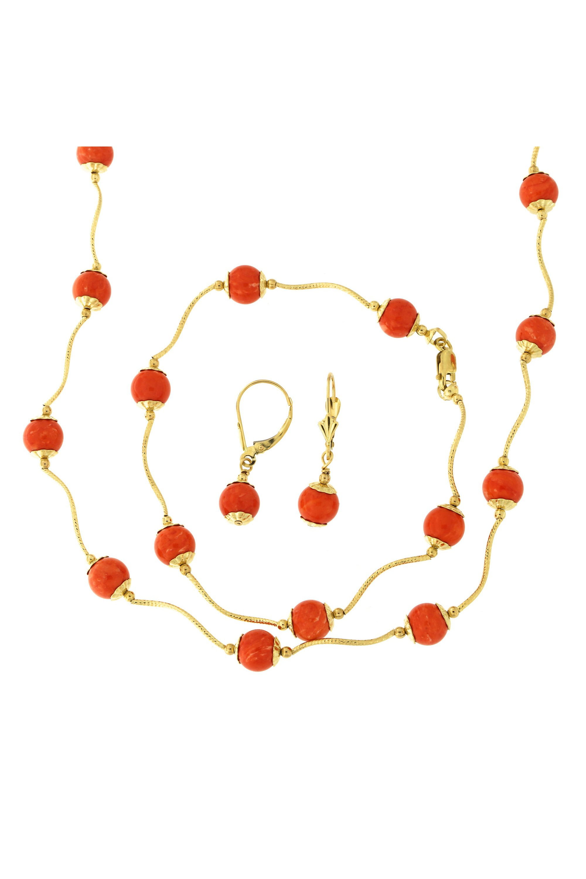 14k Yellow Gold Diamond Cut 7mm Capped Simulated Coral Station Necklace, Earrings and Bracelet Set by