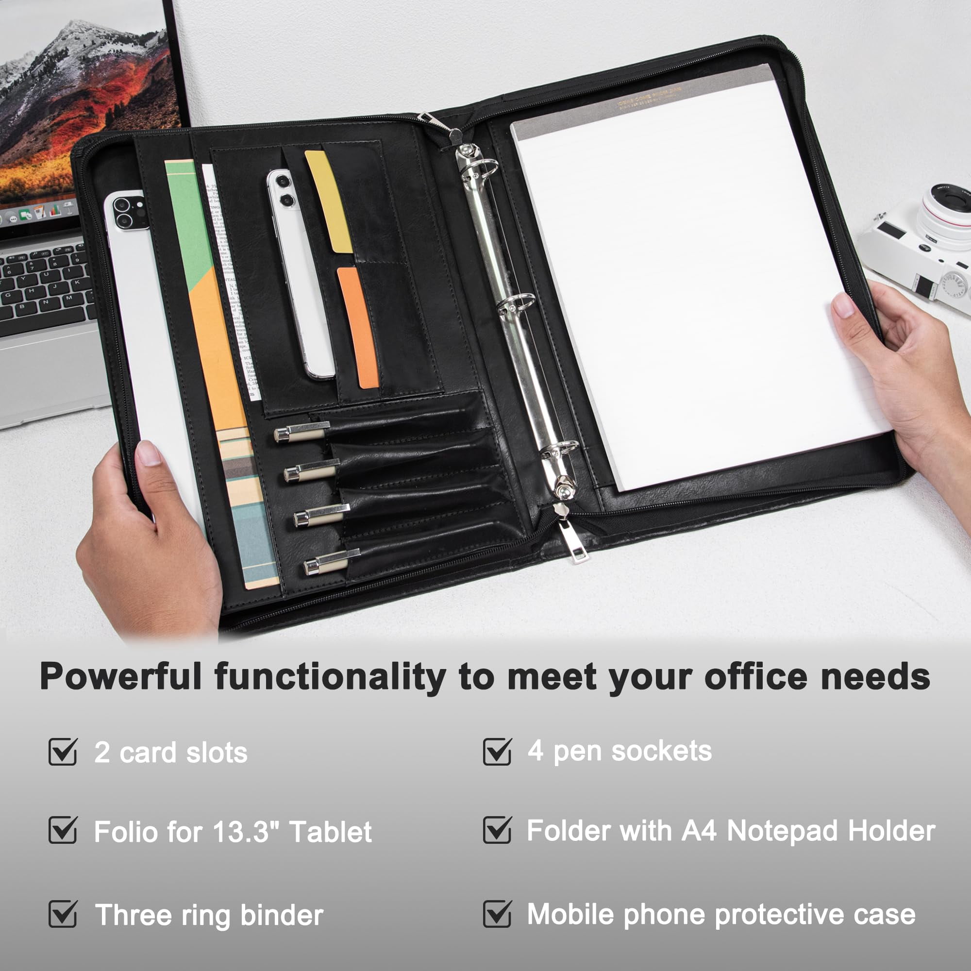 Premium Black Leather Business Binder – A4 Organizer with Pen Slots, Phone Holder & Multiple File Pockets – Perfect for Office, Meetings & Professionals