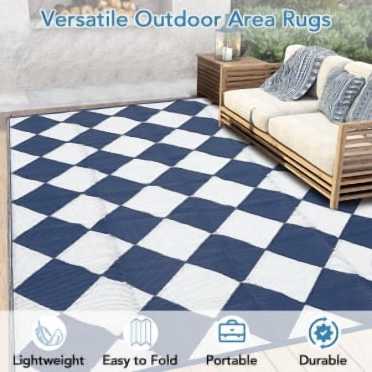 Danolapsi 8x10 Outdoor Rug Waterproof Reversible Outdoor Plastic Straw Rug with 4 Stakes & Portable Bag Boho Patio Rugs Carpet RV Mat Easy to Clean Checkered Floor Carpet for Patio Camp Balcony Deck