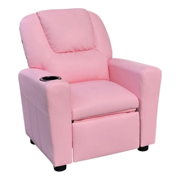Benjara Nik Youth Recliner Chair- Cup Holder- Padded Seat and Back- Pink