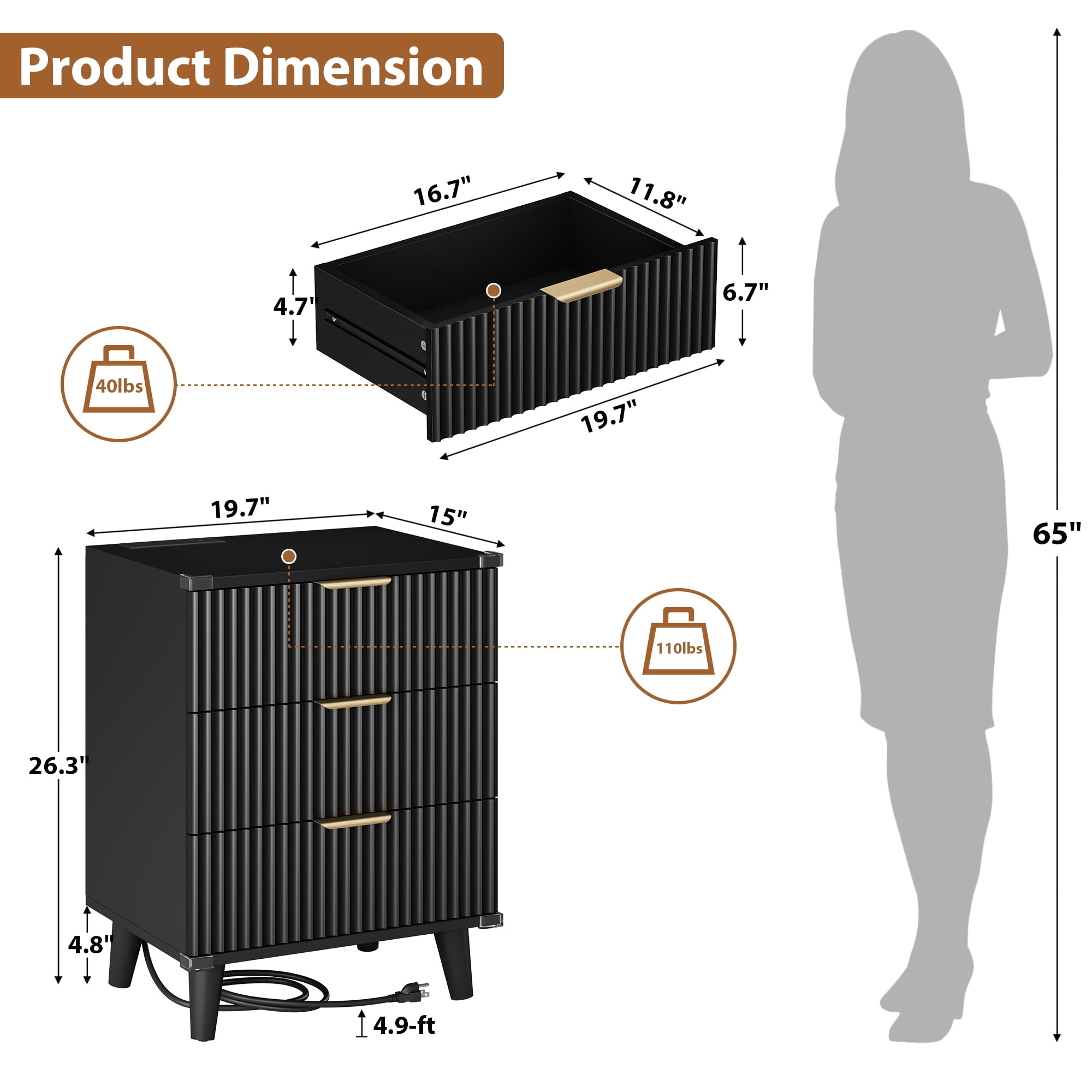 Laintene 3-Drawer Dresser Set of 2, Nightstand with Charging Station - Modern Fluted with Solid Wood Legs, 2 AC Outlets & 2 USB Ports, Small End Table with Storage, Black
