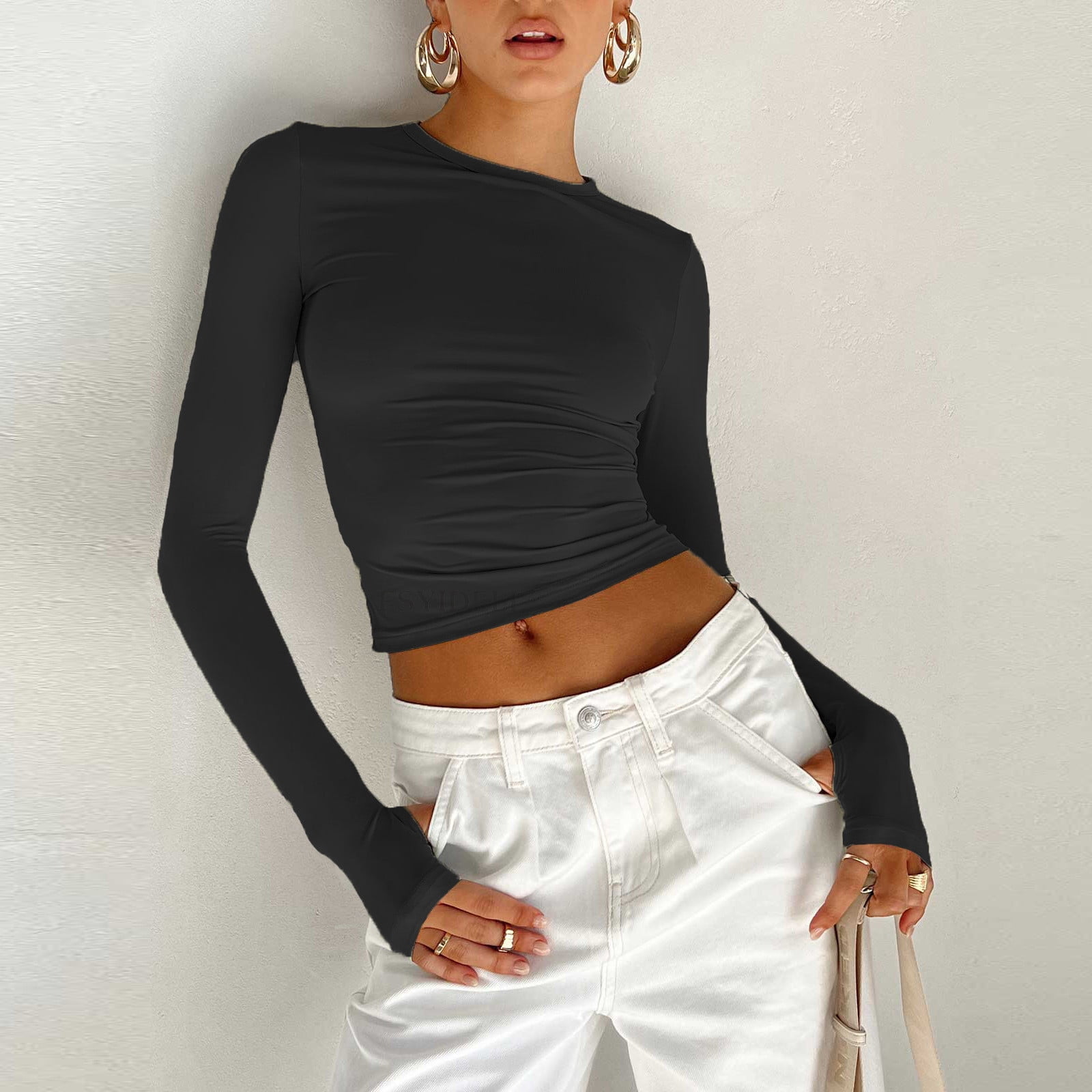 jovati Womens Long Sleeve Tops Womens Solid Color Leggings Round Mouth Hole T Shirt Spice Girl Slim Show Long Sleeve Tops T Shirt Women S Long Sleeve Tops Long Tops To Wear with Leggings
