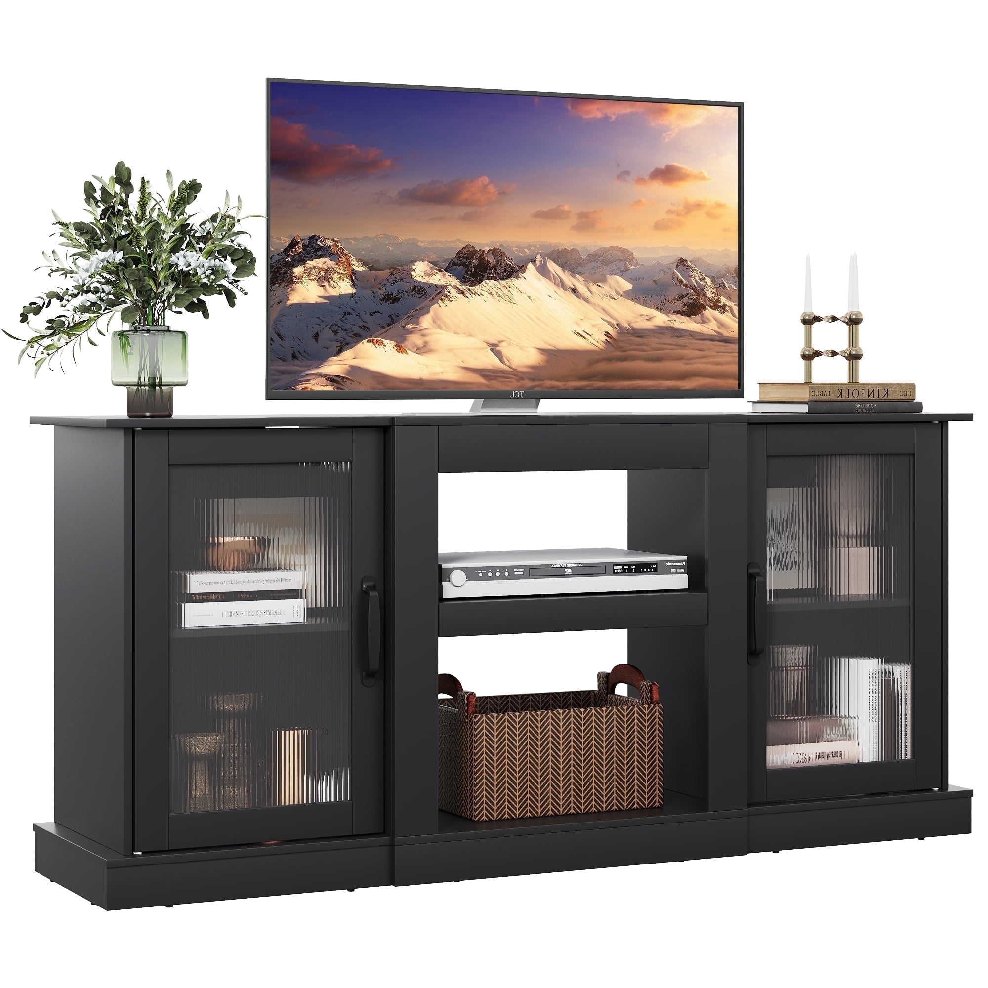 Galaxhero 65" Mid-Century TV Stand with Acrylic Doors, Black
