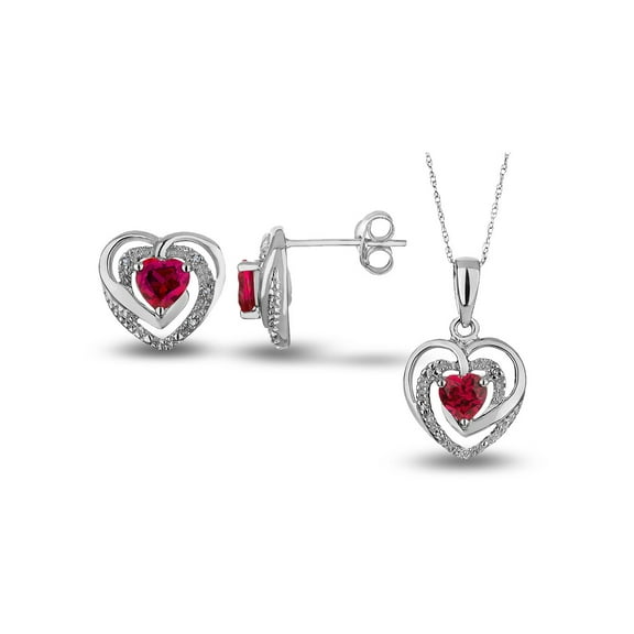 7/8 Carat (Ctw) Lab-Created Ruby Heart Earrings & Pendant Set in Sterling Silver for Women