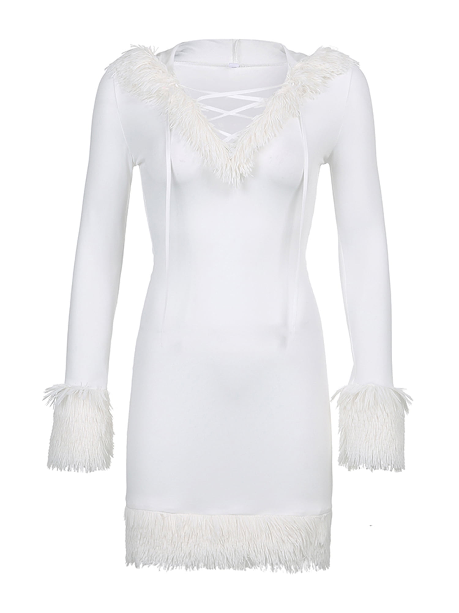 Women Sexy White Fluffy Hooded Dress 