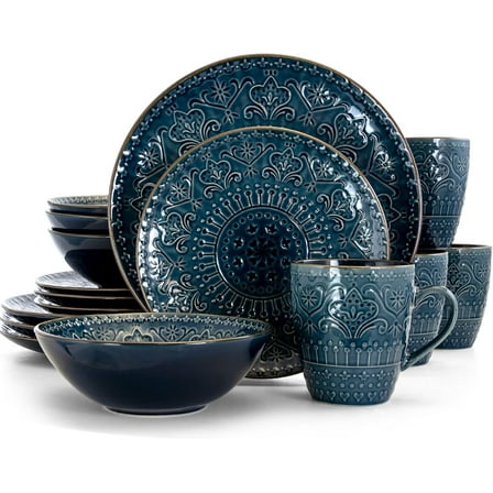Deepsea Mozaic 16 Piece Round Stoneware Dinnerware Set in Sea Blue